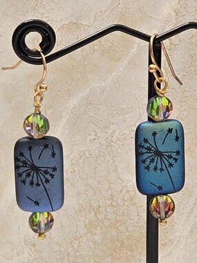 HAND CRAFTED Czech Glass Earrings w/Laser Etched Dandelions & Swarovski Crystals